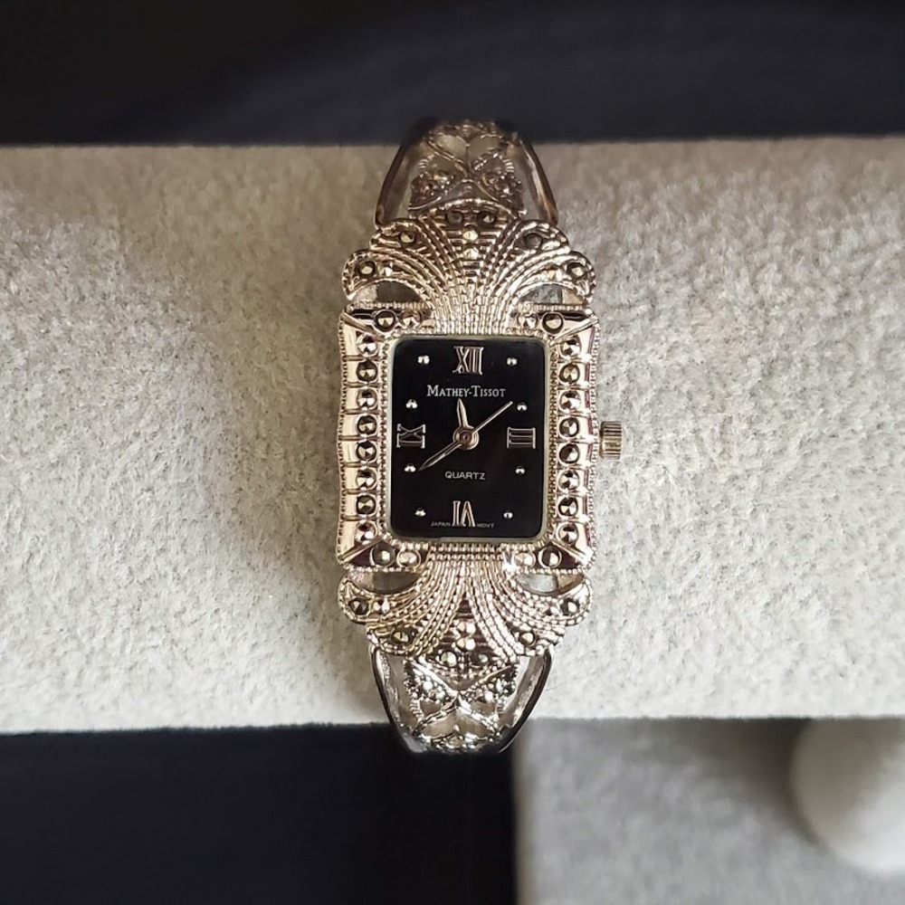 Mathey-Tissot Art Deco Marcasite Filigree Silver Tone Watch Black Dial Running - Picture 5 of 10